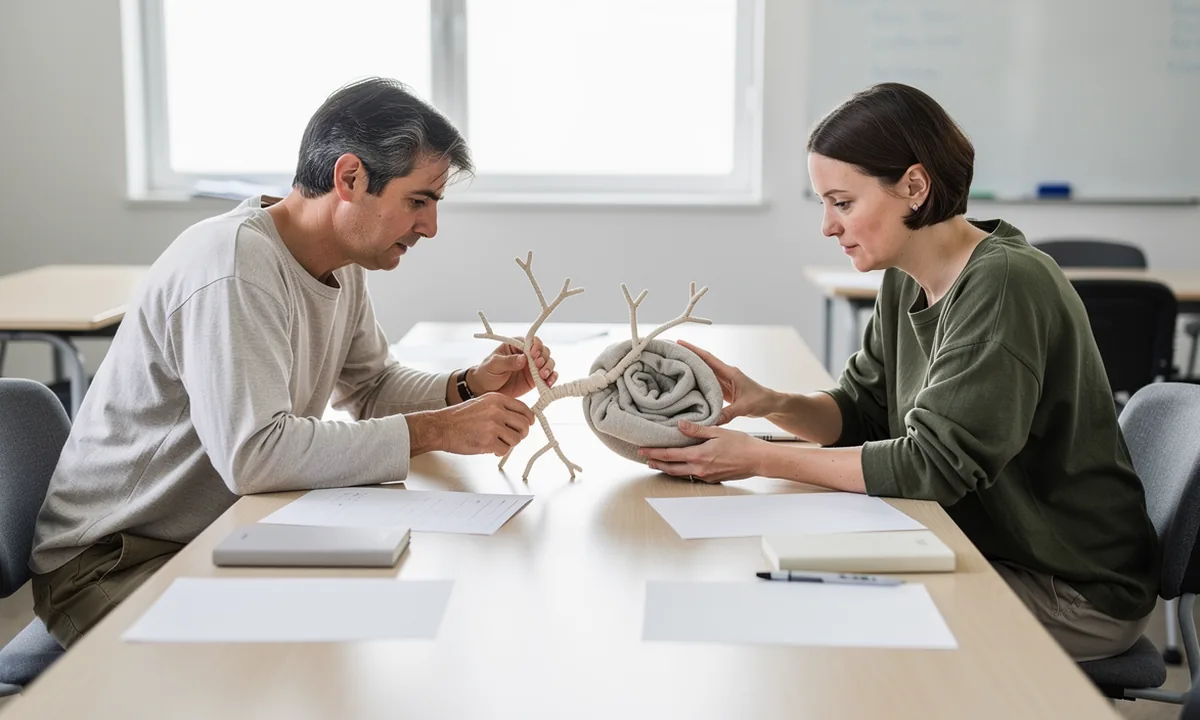 Two adults at a teaching table connect a branched cord model to a large soft folded protein model