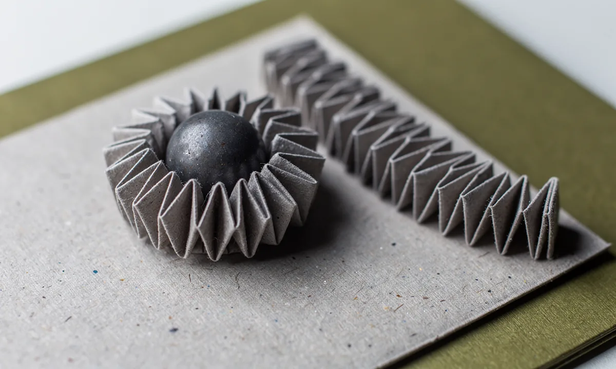 A small dark metal sphere rests in a folded paper cradle with a loose matching paper strip nearby