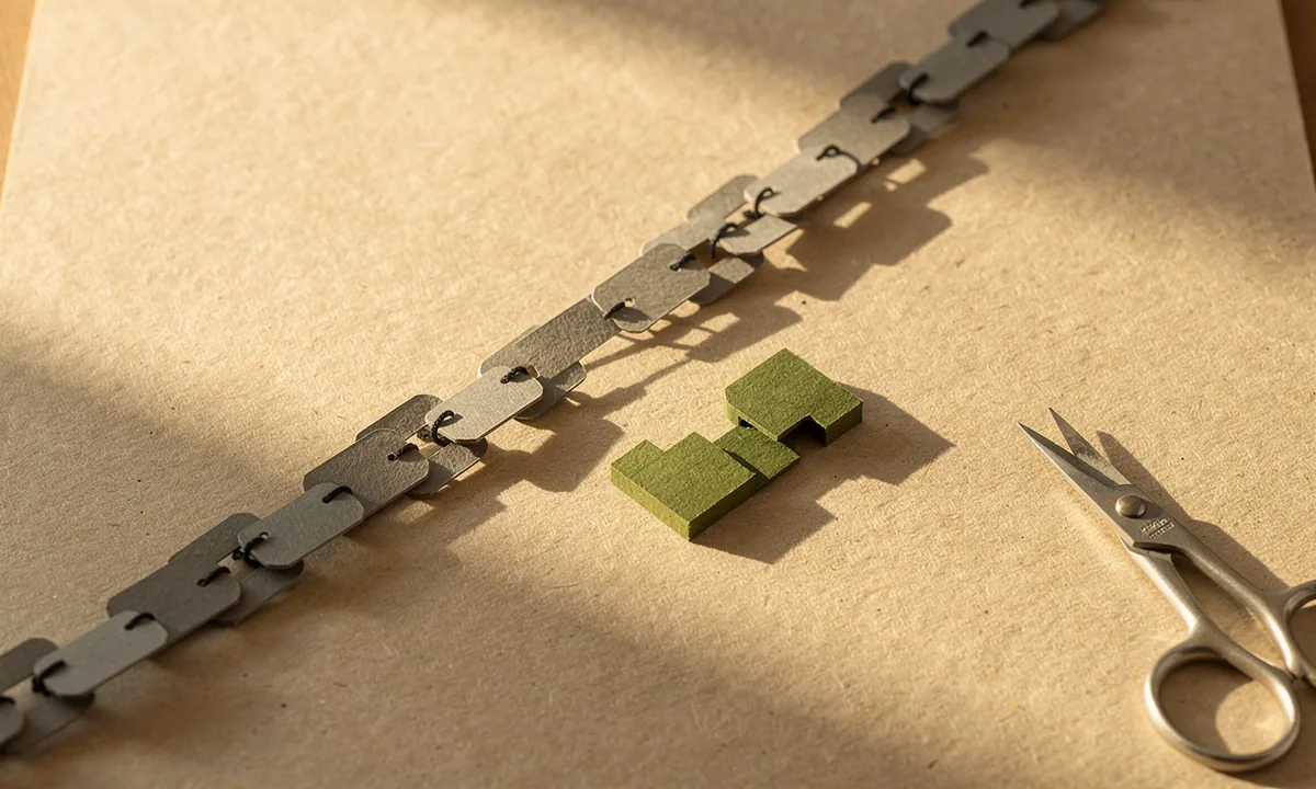 A short three-piece folded-paper segment lies beside the longer paper chain from which it has been detached